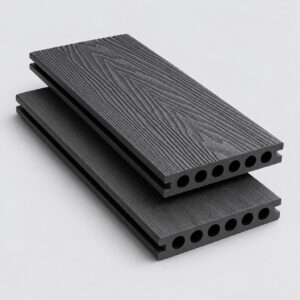 Capped composite deck board in dark grey, round hollow core, Dragon wood grain