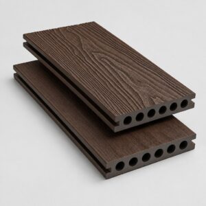 Capped composite deck board in walnut brown, round hollow core, Dragon wood grain
